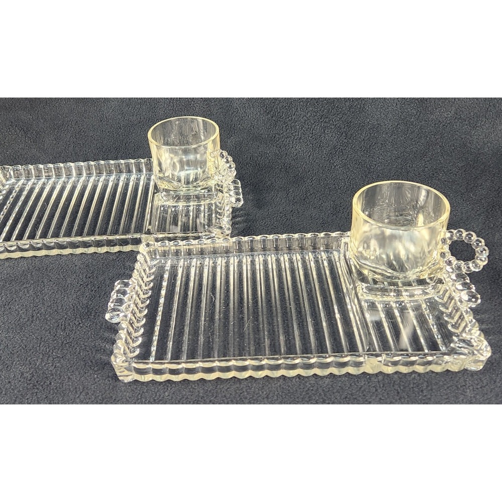 2 Hazel Atlas Glass ATC1305 Clear Snack Smoke Tray/Plates w Cups Ball & Rib